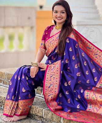 violet paithani silk blend woven meenakari jacquard saree 5