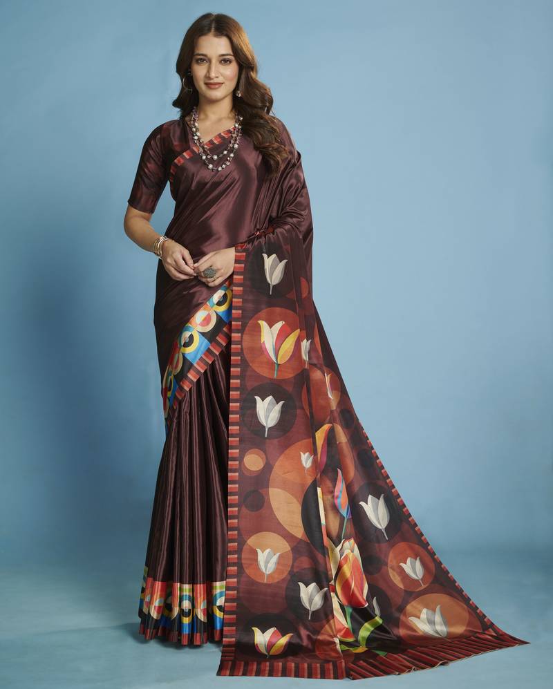 wine color malai crepe art silk fabric beautiful digital printed saree