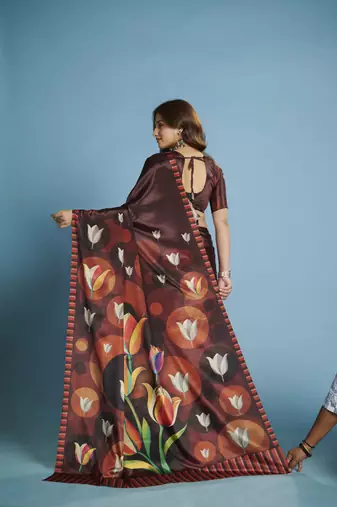 wine malai crepe art silk blend digital printed saree