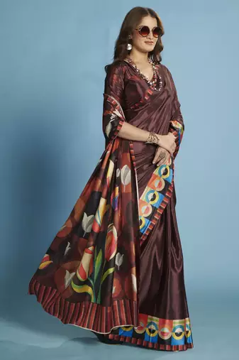 wine malai crepe art silk blend digital printed saree