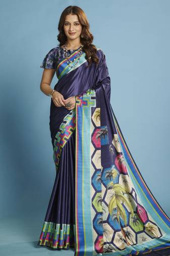 blue color malai crepe art silk fabric beautiful digital printed saree