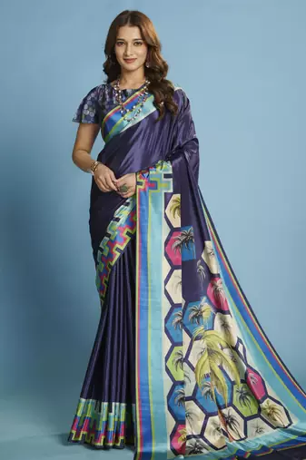 blue color malai crepe art silk fabric beautiful digital printed saree