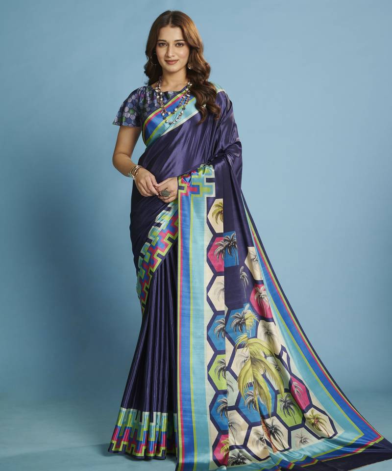 blue color malai crepe art silk fabric beautiful digital printed saree