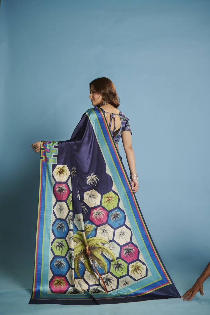 blue color malai crepe art silk fabric beautiful digital printed saree