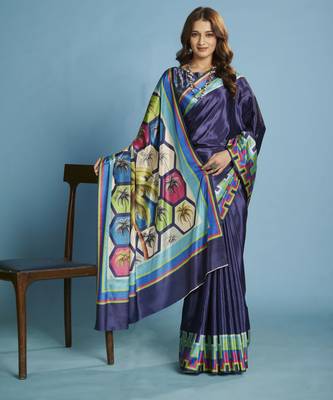 blue malai crepe art silk blend digital printed saree 4