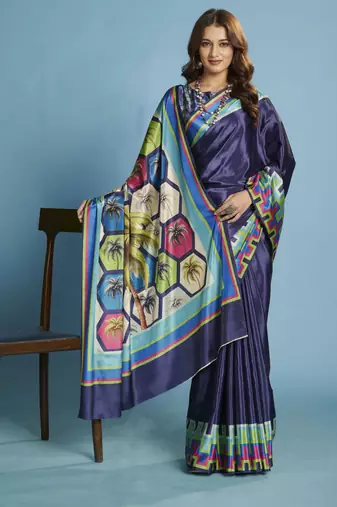 blue malai crepe art silk blend digital printed saree