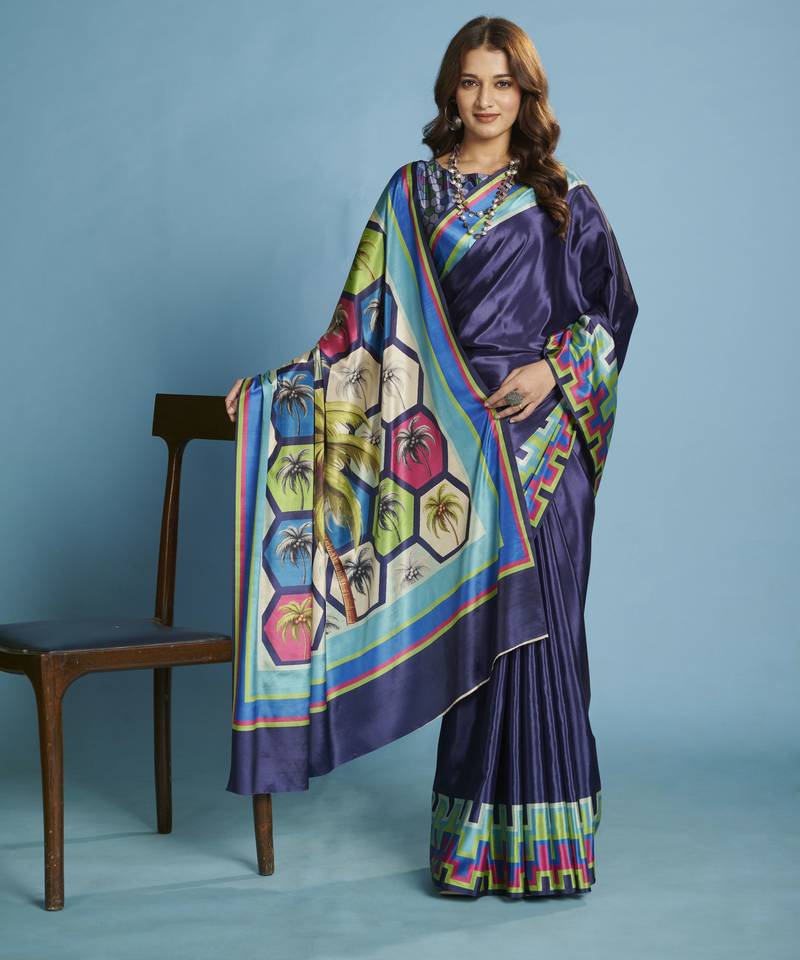 blue color malai crepe art silk fabric beautiful digital printed saree