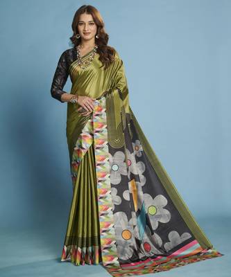 green malai crepe art silk blend digital printed saree 1
