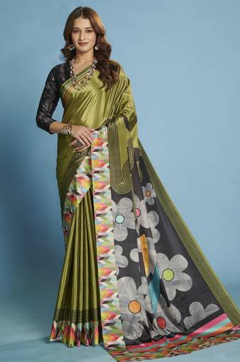 green color malai crepe art silk fabric beautiful digital printed saree