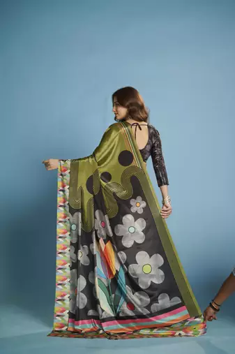 green malai crepe art silk blend digital printed saree