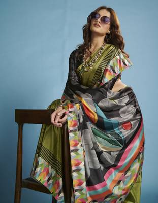green malai crepe art silk blend digital printed saree 3