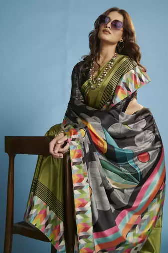 green malai crepe art silk blend digital printed saree