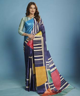 blue malai crepe art silk blend digital printed saree 1