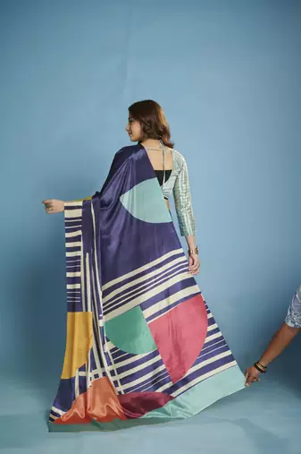 blue malai crepe art silk blend digital printed saree
