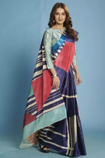 blue malai crepe art silk blend digital printed saree