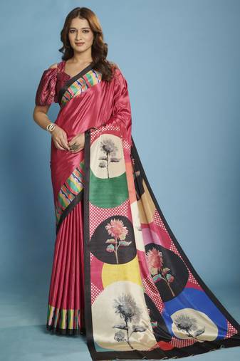 pink color malai crepe art silk fabric beautiful digital printed saree