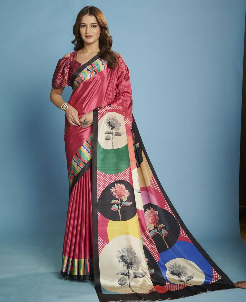pink color malai crepe art silk fabric beautiful digital printed saree