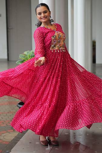 Pink Faux Georgette Printed Gown for Women | Fully Stitched Lightweight Partywear & Casual Wear Gown