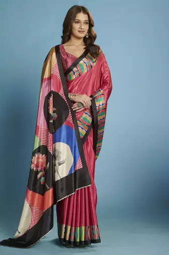 pink malai crepe art silk blend digital printed saree