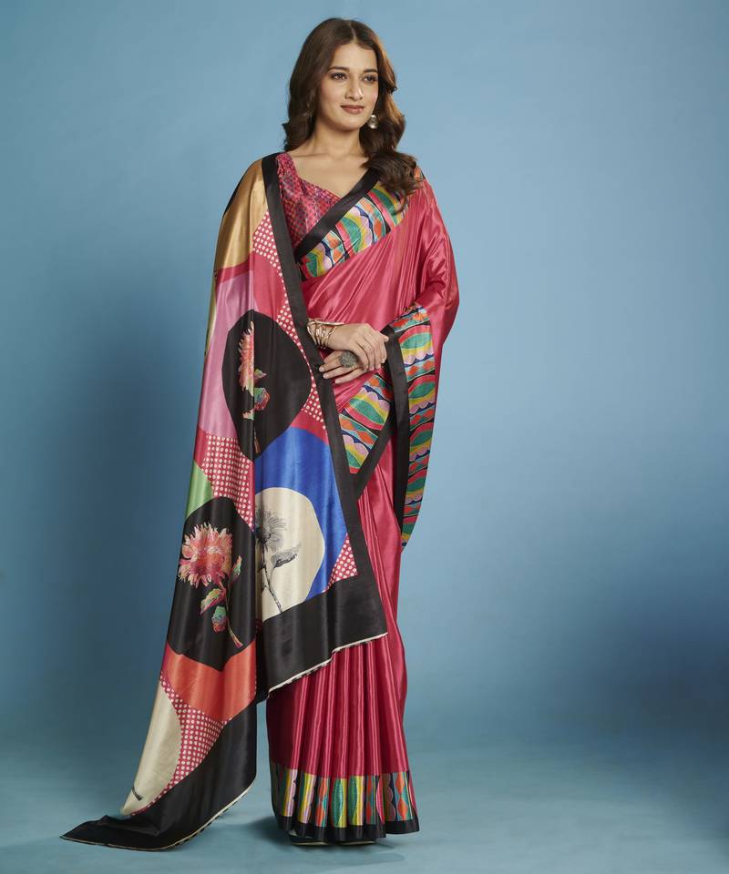 pink color malai crepe art silk fabric beautiful digital printed saree
