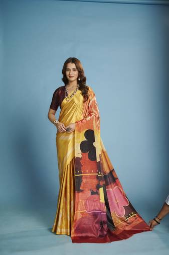 yellow color malai crepe art silk fabric beautiful digital printed saree