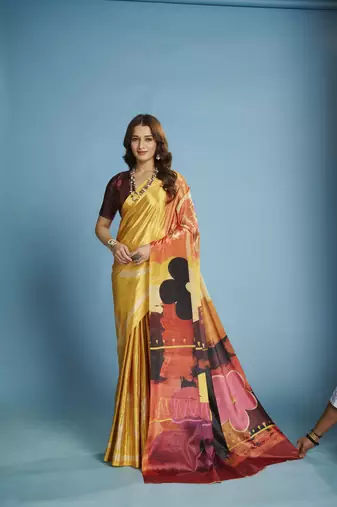yellow color malai crepe art silk fabric beautiful digital printed saree