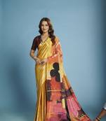 yellow color malai crepe art silk fabric beautiful digital printed saree