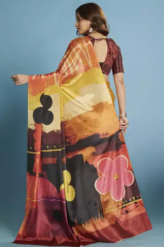 yellow malai crepe art silk blend digital printed saree