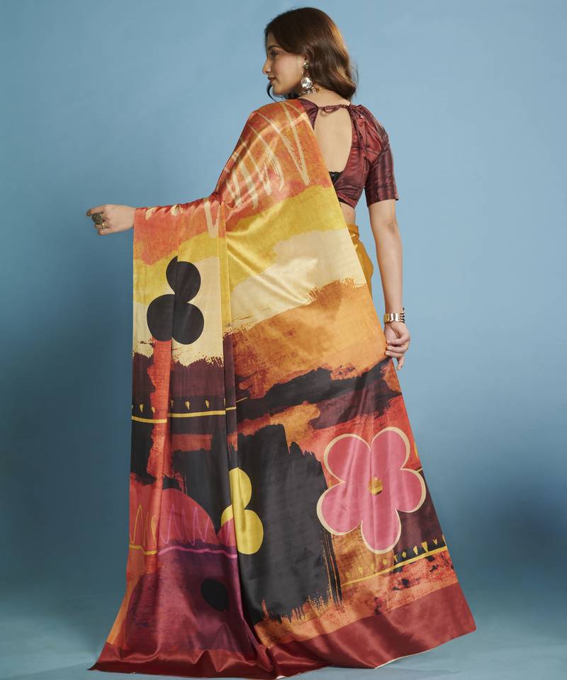 yellow color malai crepe art silk fabric beautiful digital printed saree