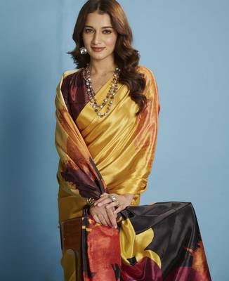 yellow malai crepe art silk blend digital printed saree 3