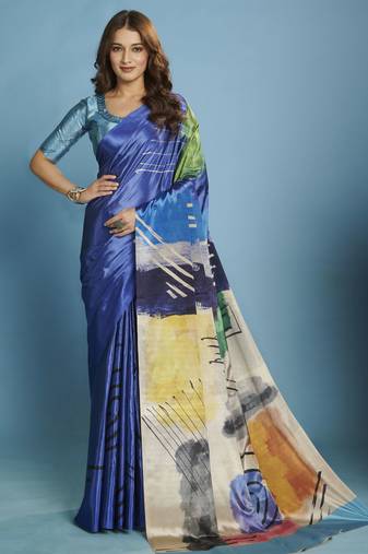 blue color malai crepe art silk fabric beautiful digital printed saree