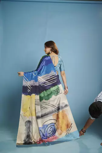 blue malai crepe art silk blend digital printed saree