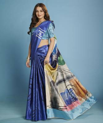 blue malai crepe art silk blend digital printed saree 4