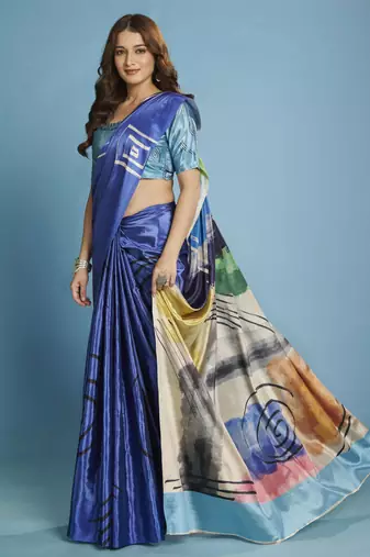blue malai crepe art silk blend digital printed saree