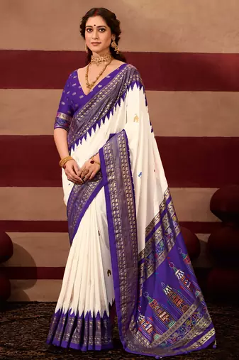 sambhalpuri foil printed purple color velvet tussar silk blend fabric sophisticated saree