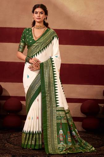 sambhalpuri foil printed green color velvet tussar silk blend fabric sophisticated saree
