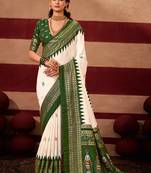 sambhalpuri foil printed green color velvet tussar silk blend fabric sophisticated saree