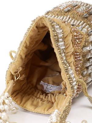 dewdrop fringe camel brown & pearl white ornate embellished velvet potli 6