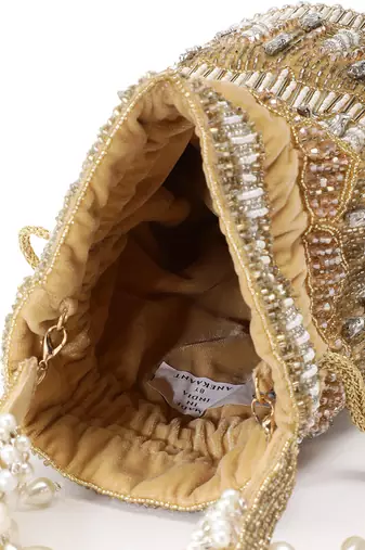 dewdrop fringe camel brown & pearl white ornate embellished velvet potli