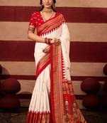 sambhalpuri foil printed red color velvet tussar silk blend fabric sophisticated saree