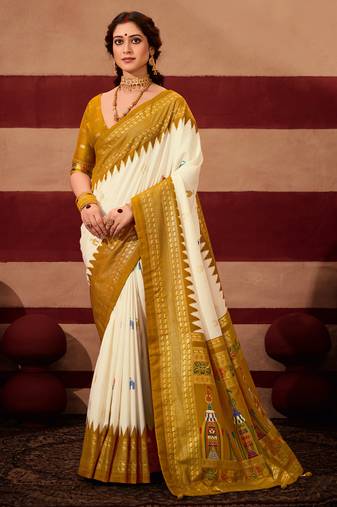 sambhalpuri foil printed mustard color velvet tussar silk blend fabric sophisticated saree