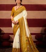 sambhalpuri foil printed mustard color velvet tussar silk blend fabric sophisticated saree