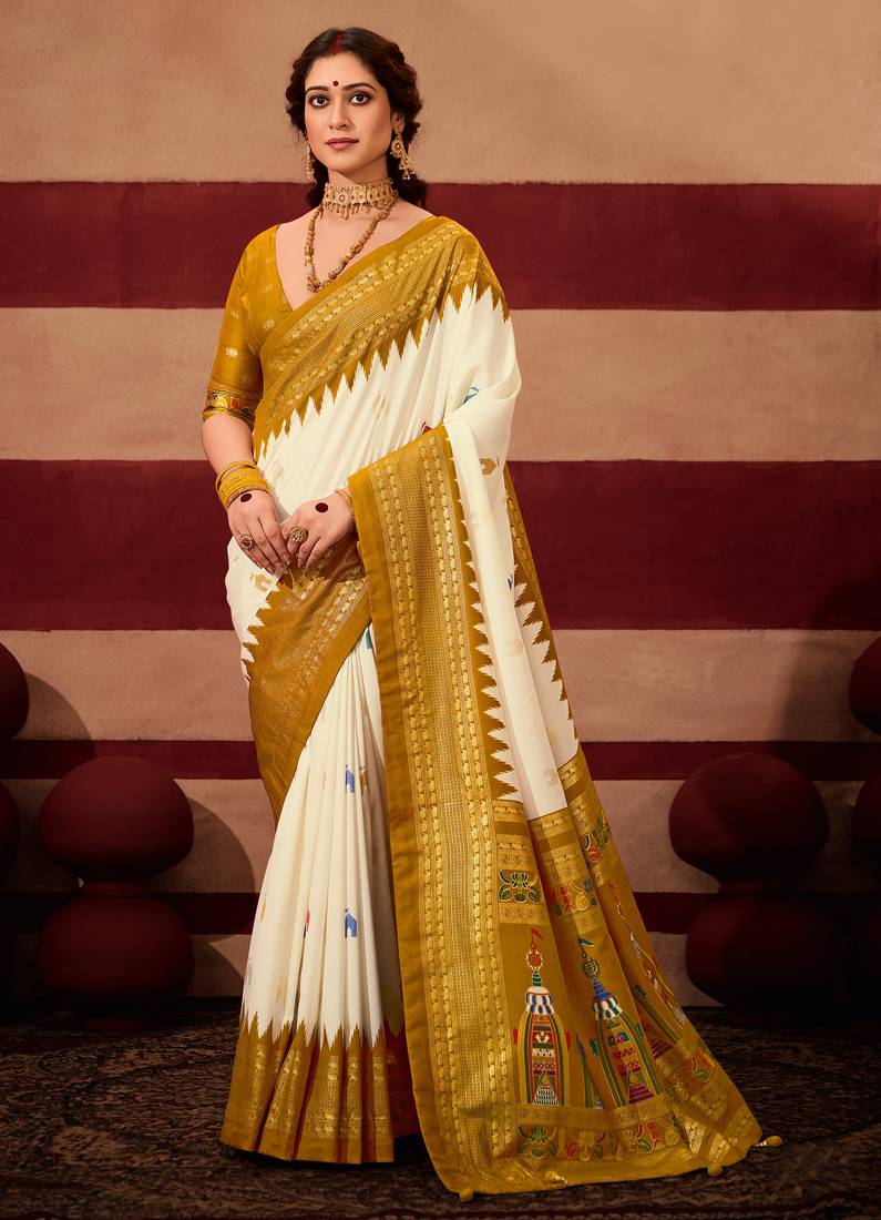 sambhalpuri foil printed mustard color velvet tussar silk blend fabric sophisticated saree
