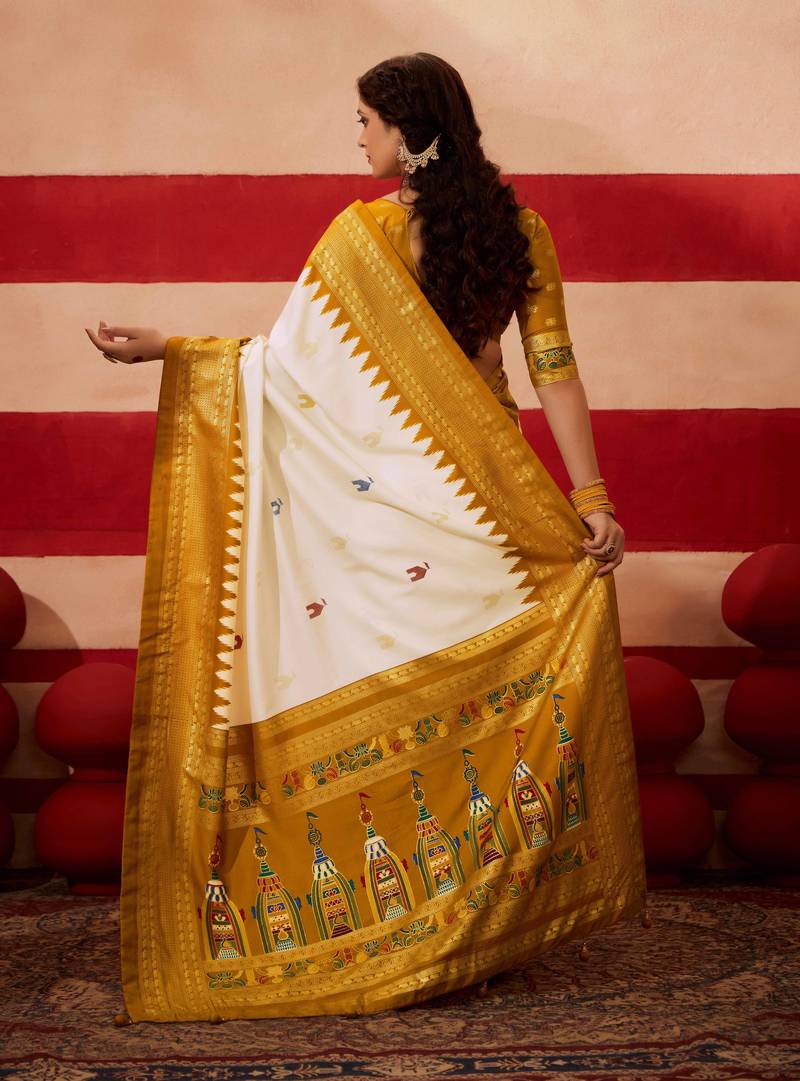sambhalpuri foil printed mustard color velvet tussar silk blend fabric sophisticated saree