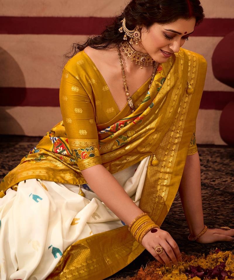 sambhalpuri foil printed mustard color velvet tussar silk blend fabric sophisticated saree