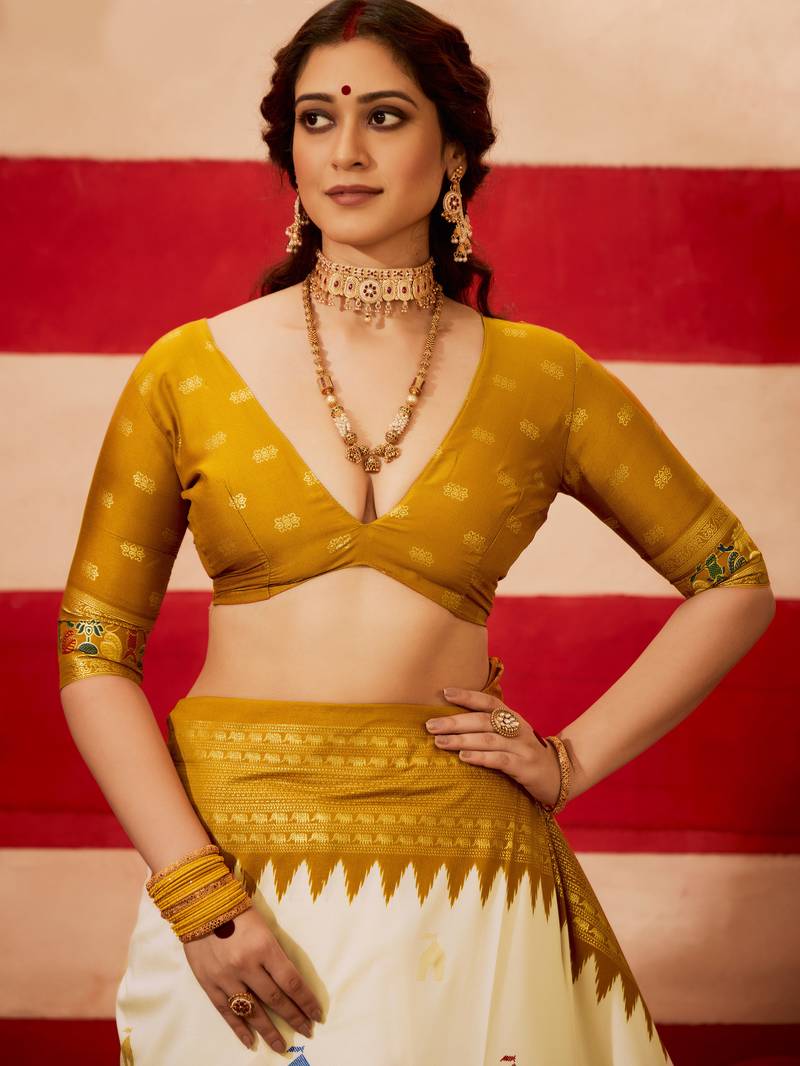 sambhalpuri foil printed mustard color velvet tussar silk blend fabric sophisticated saree