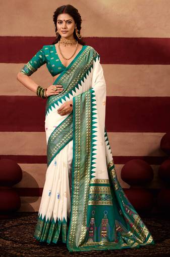 sambhalpuri foil printed teal color velvet tussar silk blend fabric sophisticated saree