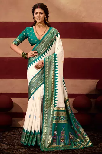 sambhalpuri foil printed teal color velvet tussar silk blend fabric sophisticated saree