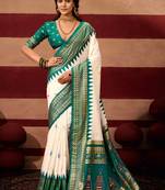 sambhalpuri foil printed teal color velvet tussar silk blend fabric sophisticated saree