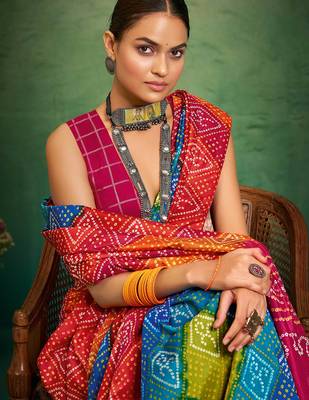 orange velvet tussar silk blend boutique printed ethnic party saree 3
